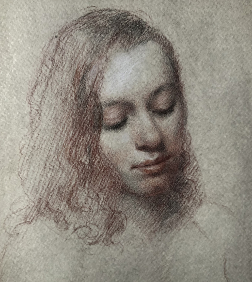 ACADEMY OF ART CANADA Portrait Drawing Study in Carbon Pencil with Coloured Drawing Media on Antiqued Paper, Achieved in Natural Light Using Comparative Method