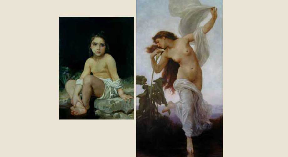 ACADEMY OF ART CANADA 19th Century Venetian Historical Painting Technique Faculty Study at left, and Student Study at right, both after Bouguereau. 